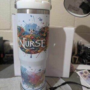30oz Nurse Minnie Stanley icebreaker style tumbler with top handle, pop up straw